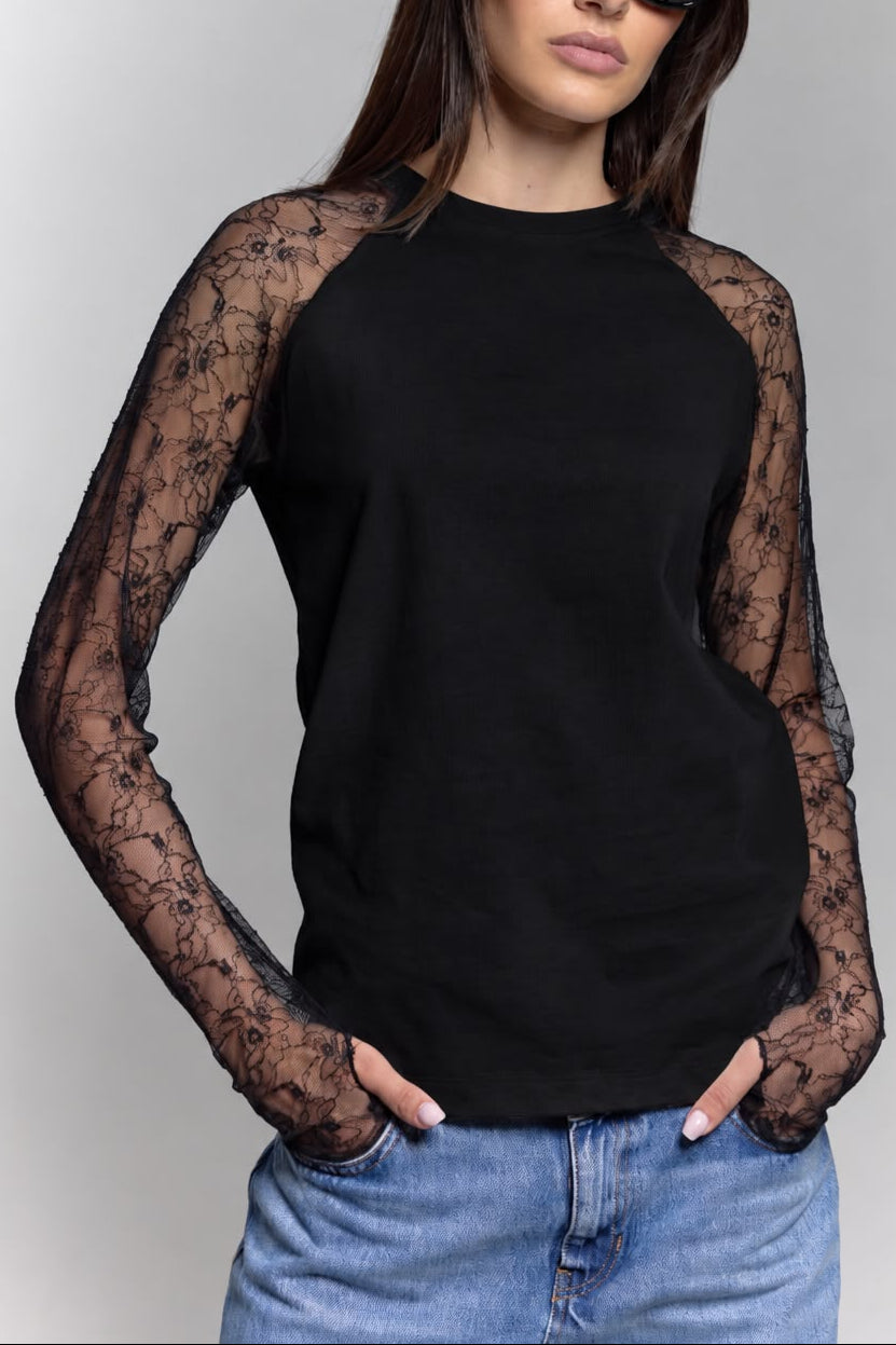 Lace Long Sleeve shirt In Black