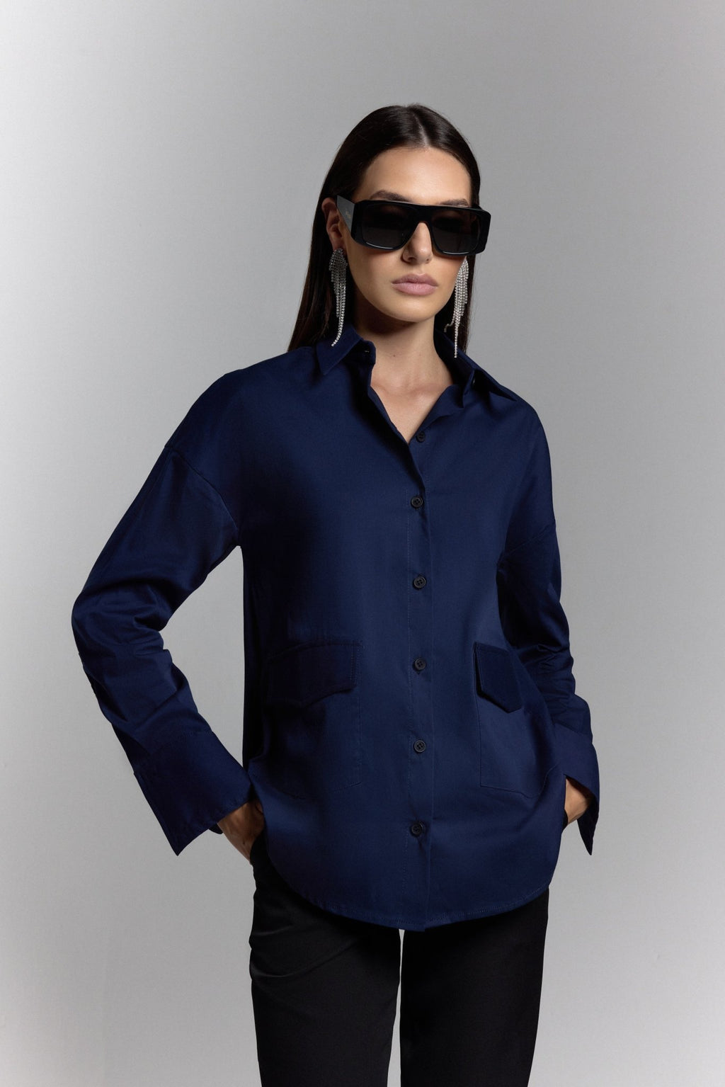 Poplin shirt with pockets in Navy - ZAIANI
