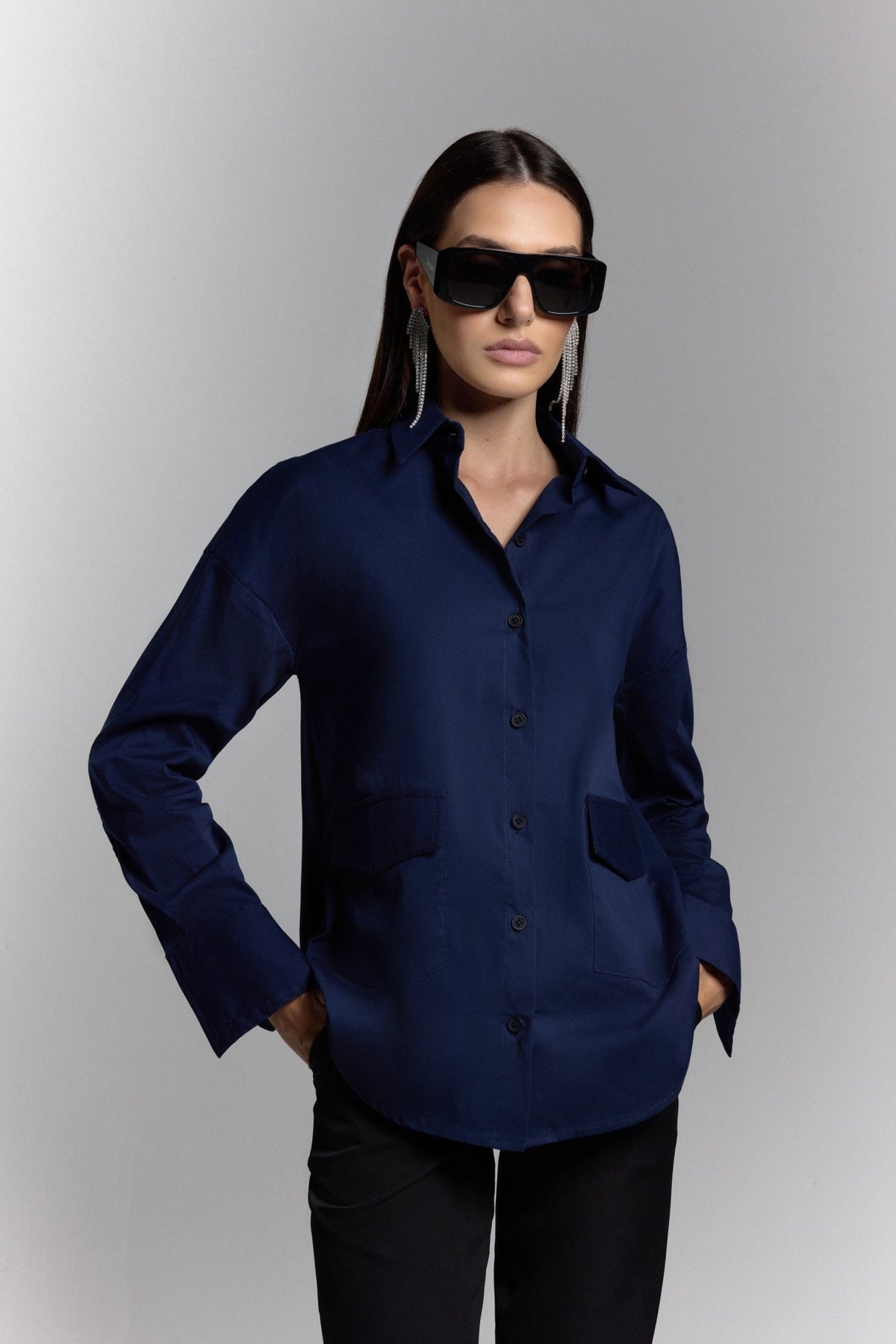 Poplin shirt with pockets in Navy - ZAIANI