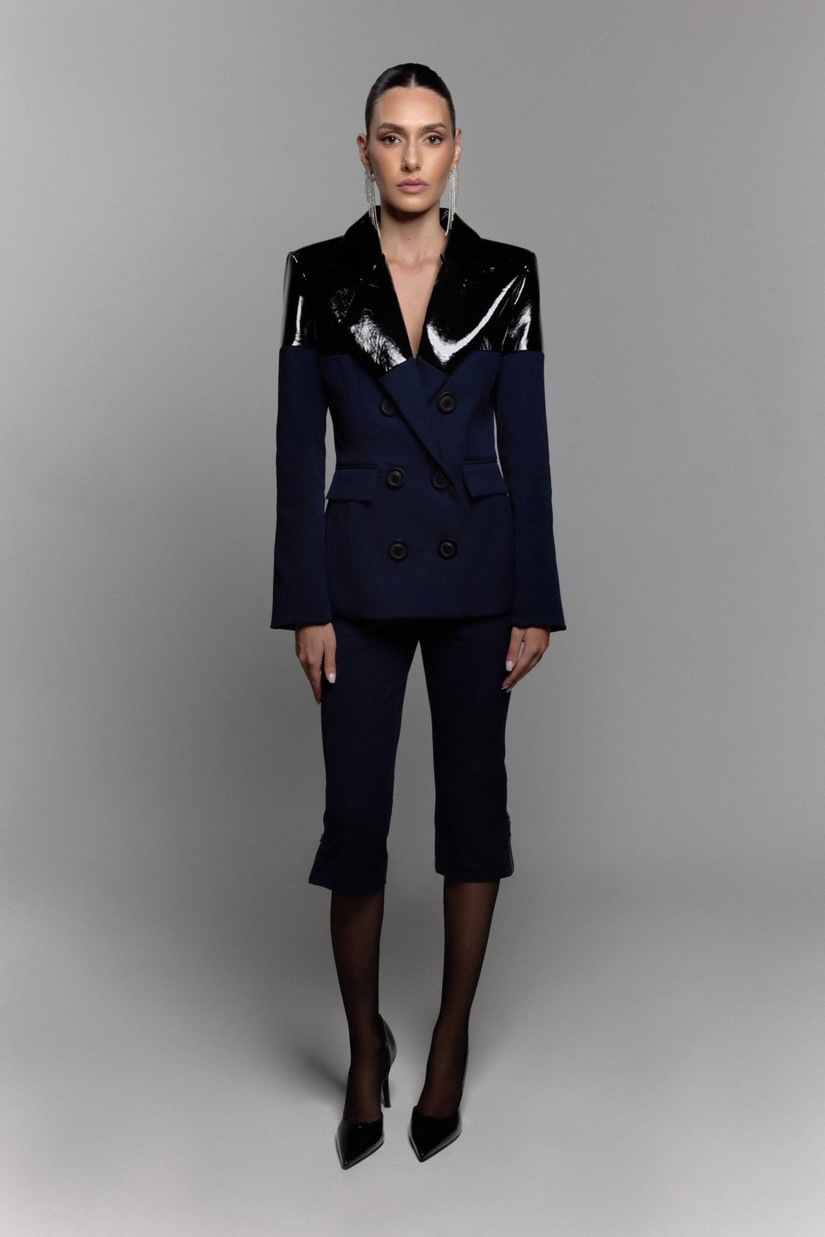 Two-Tone Latex Blazer in Navy - ZAIANI